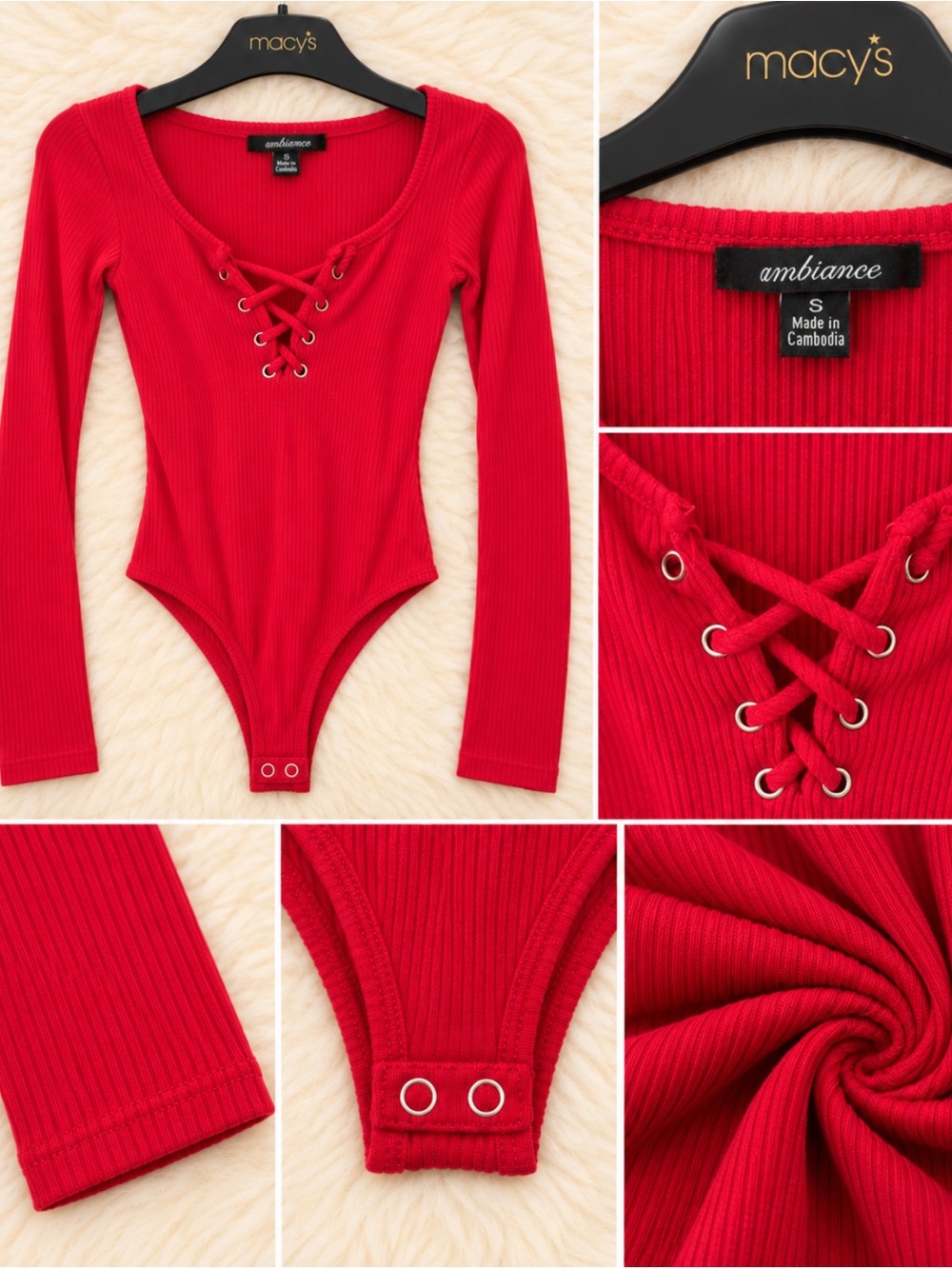 Ambiance Red Ribbed Lace-Up Long Sleeve Bodysuit